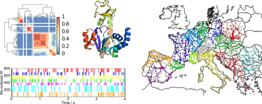 Illustrations of protein, neuron spike trains, EU road network